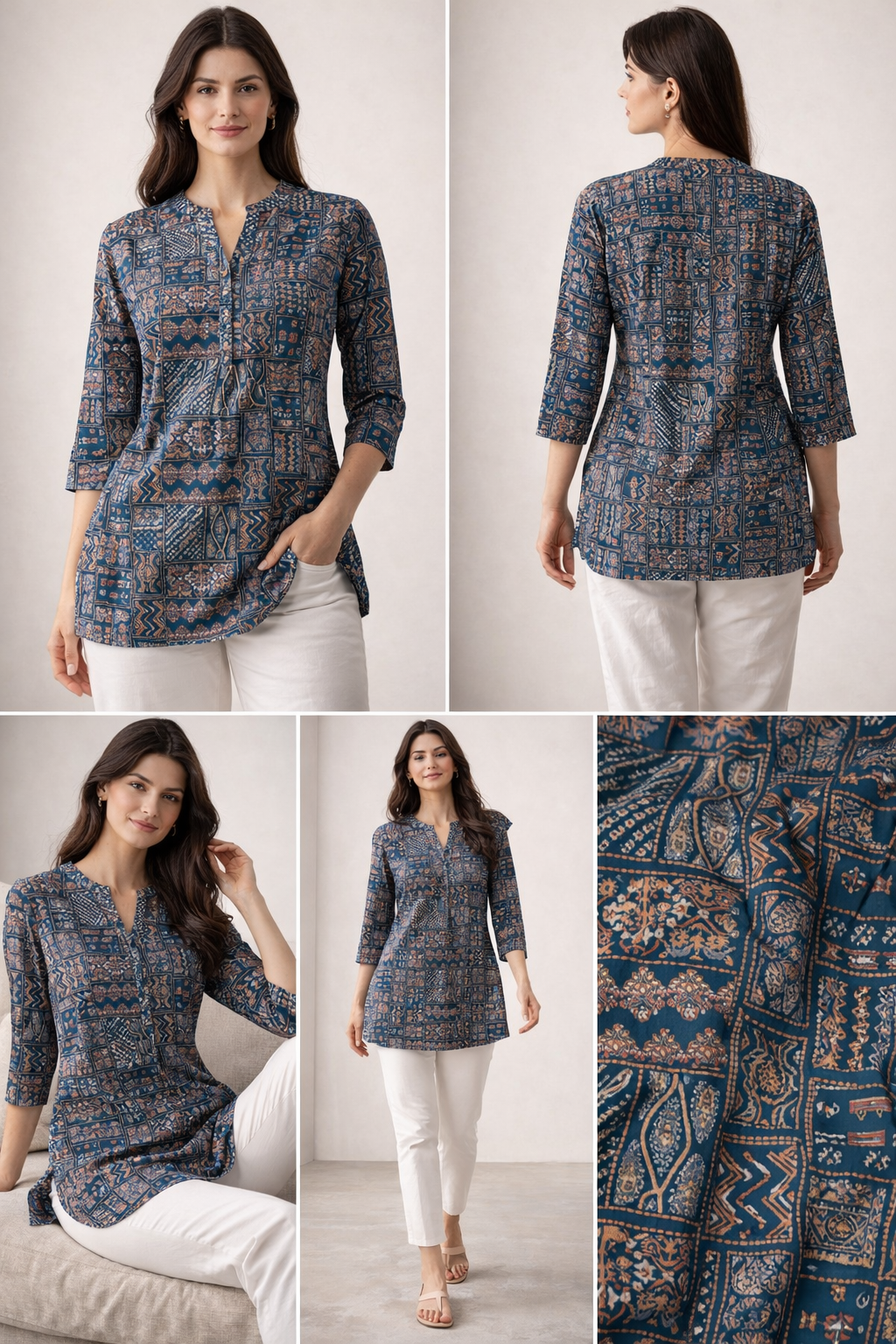 Teal Geometric Block Print Short Kurti for Women - 25204