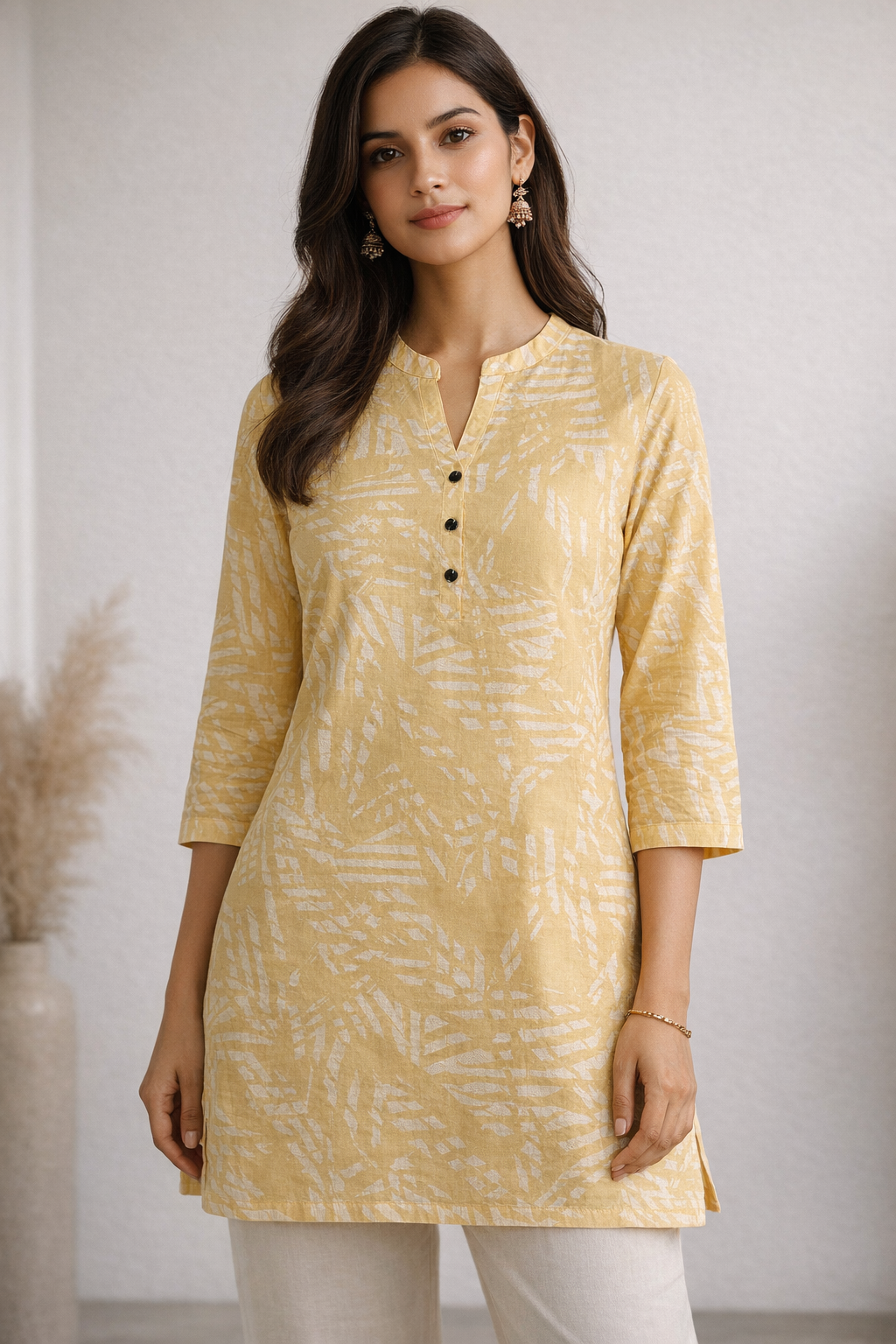 Butter Yellow Abstract Geometric Print Short-Sleeve Kurti - 25030