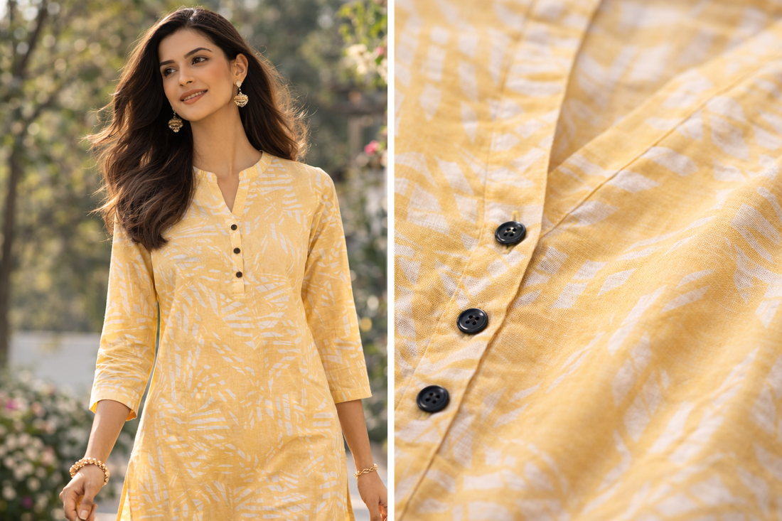 Butter Yellow Abstract Geometric Print Short-Sleeve Kurti - 25030