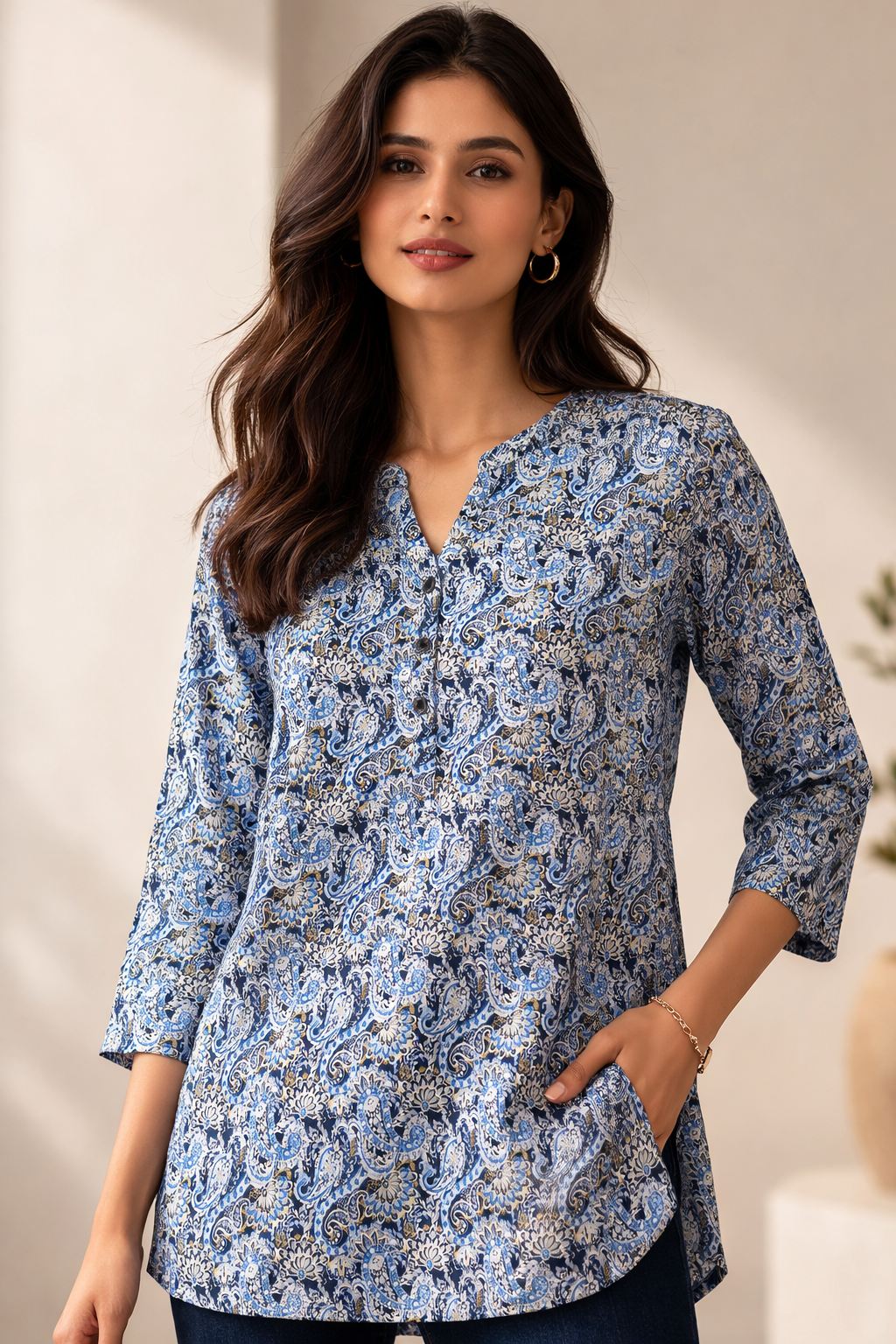 Ethnic Blue & White Paisley Print Kurti - 25260