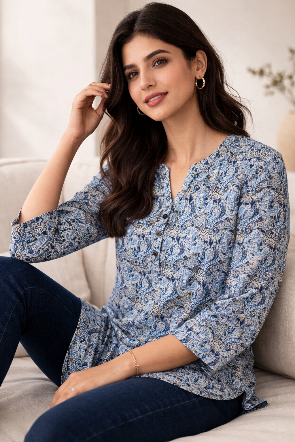 Ethnic Blue & White Paisley Print Kurti - 25260