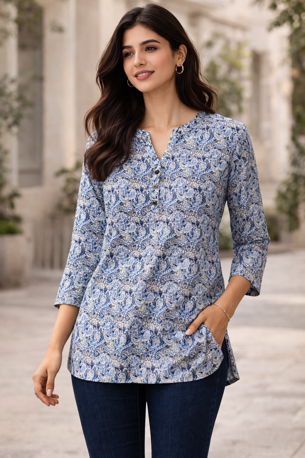 Ethnic Blue & White Paisley Print Kurti - 25260