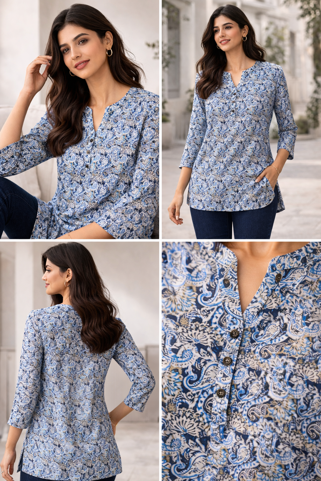 Ethnic Blue & White Paisley Print Kurti - 25260
