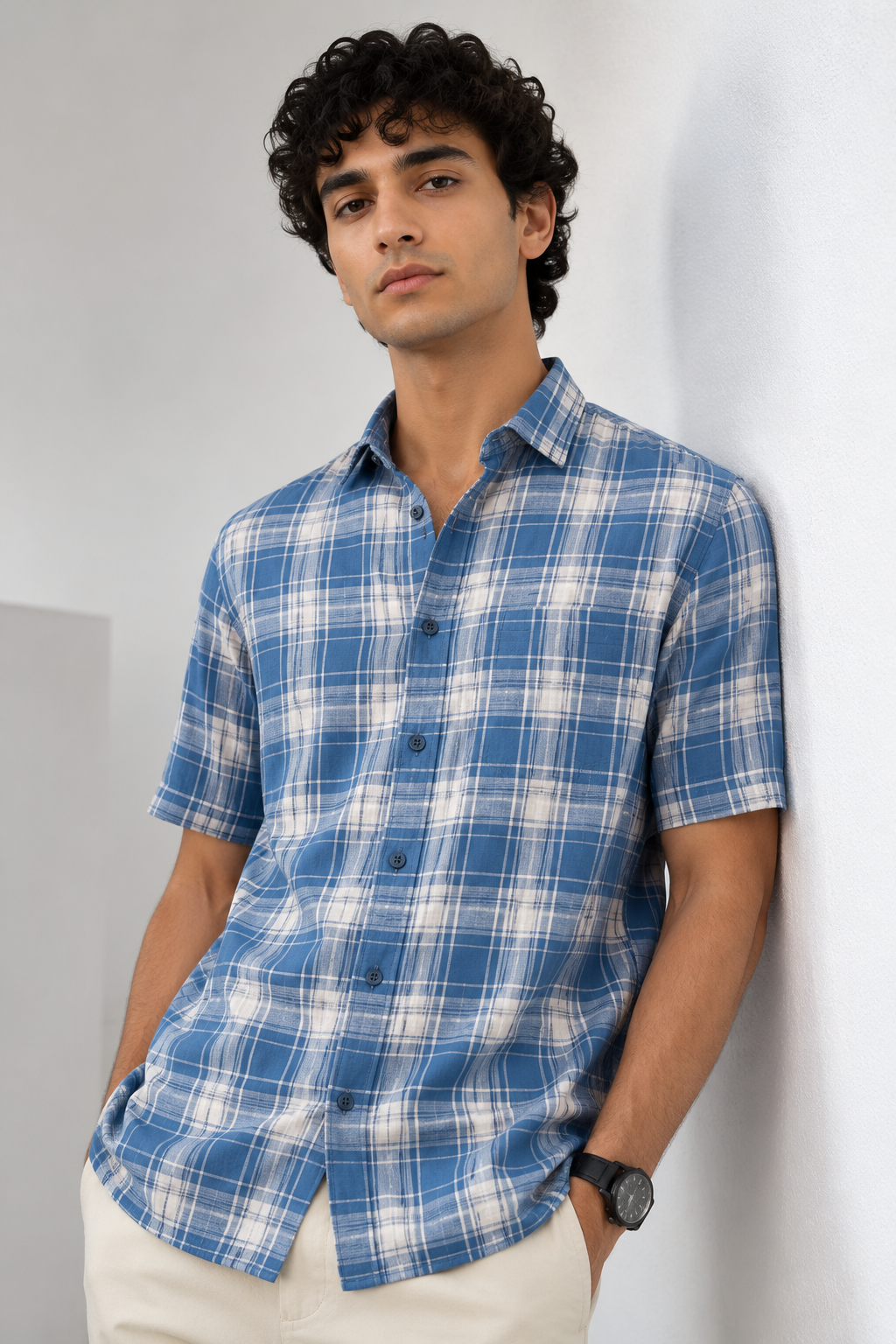 Blue & White Classic Checkered Short-Sleeve Casual Shirt - 27021