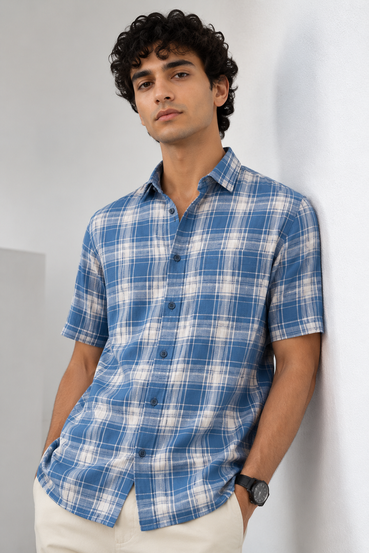 Blue & White Classic Checkered Short-Sleeve Casual Shirt - 27021