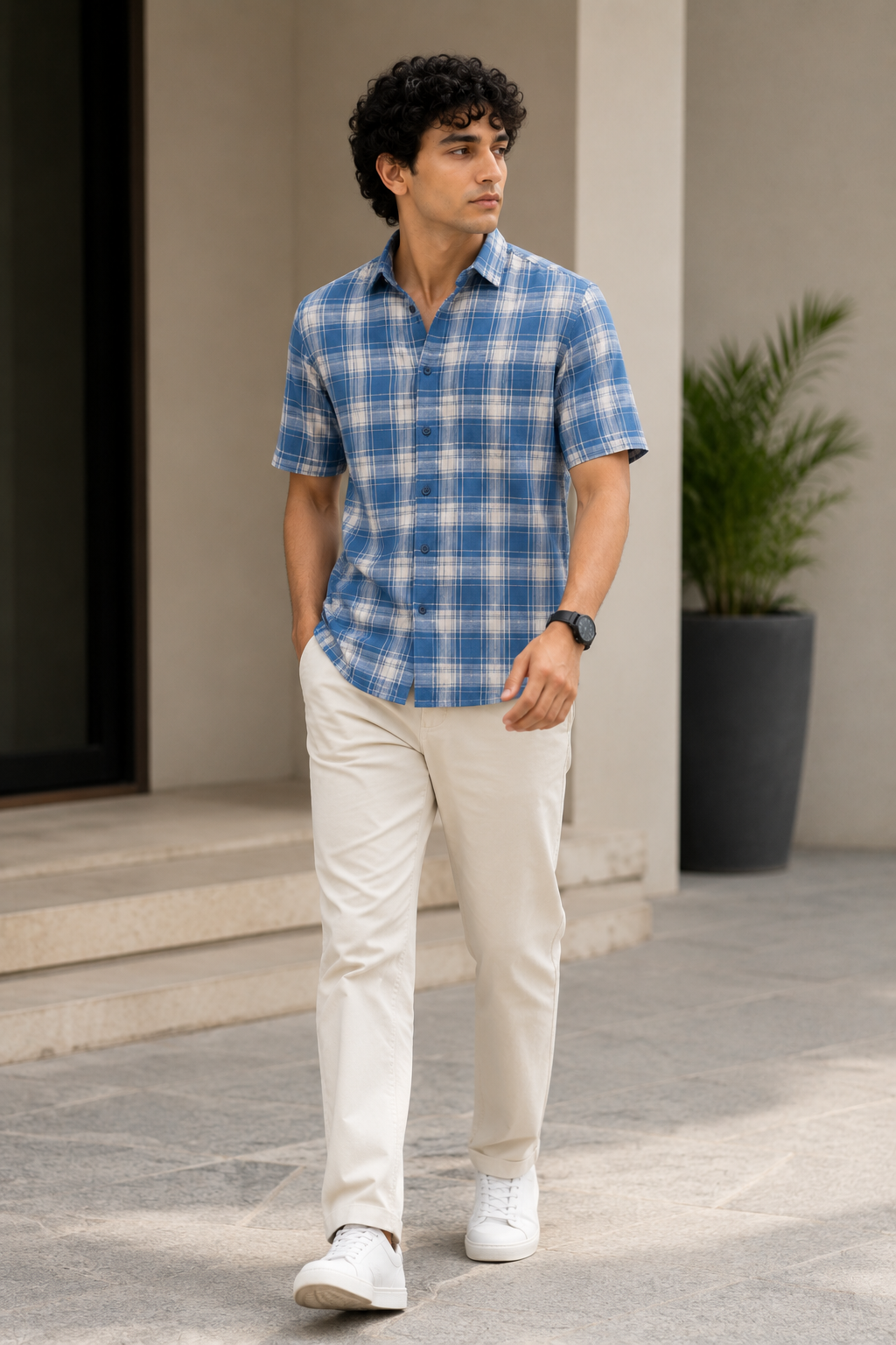 Blue & White Classic Checkered Short-Sleeve Casual Shirt - 27021