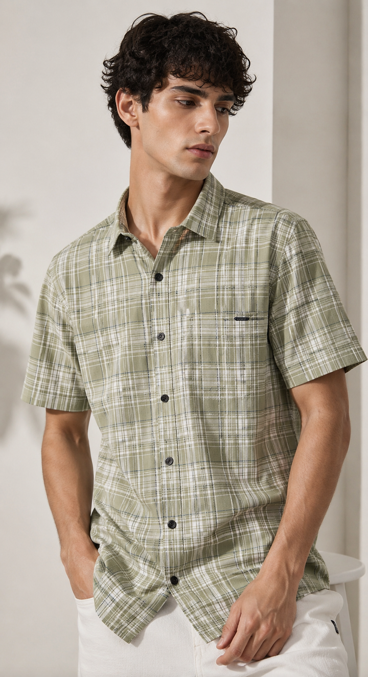 Sage Green Checked Half Sleeve Cotton Shirt - 27024