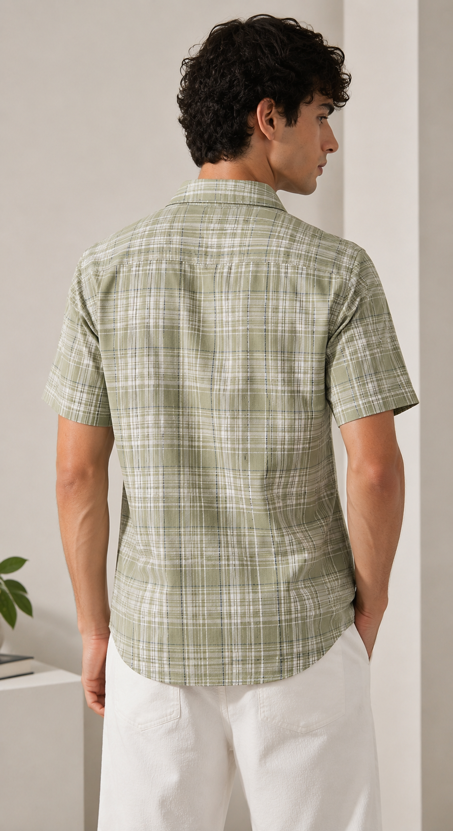 Sage Green Checked Half Sleeve Cotton Shirt - 27024