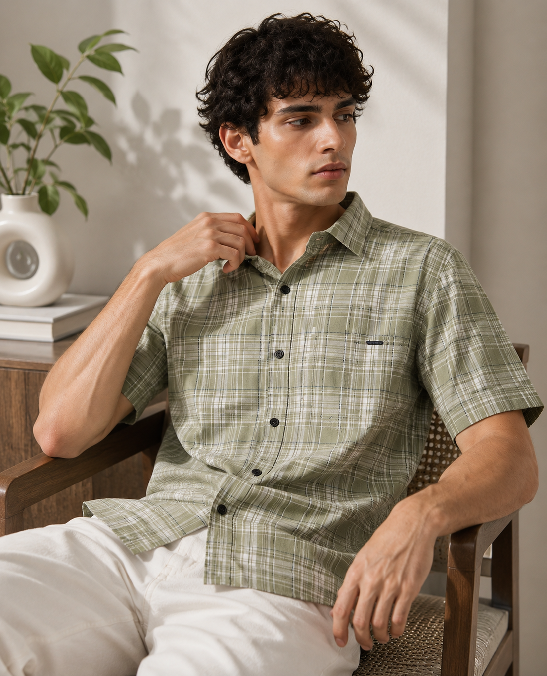 Sage Green Checked Half Sleeve Cotton Shirt - 27024