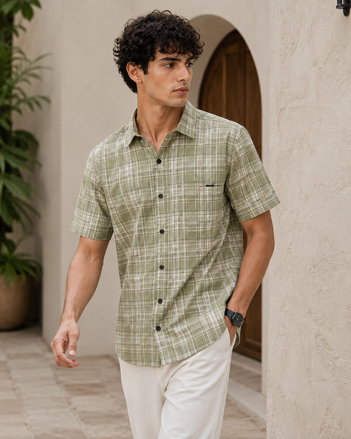 Sage Green Checked Half Sleeve Cotton Shirt - 27024