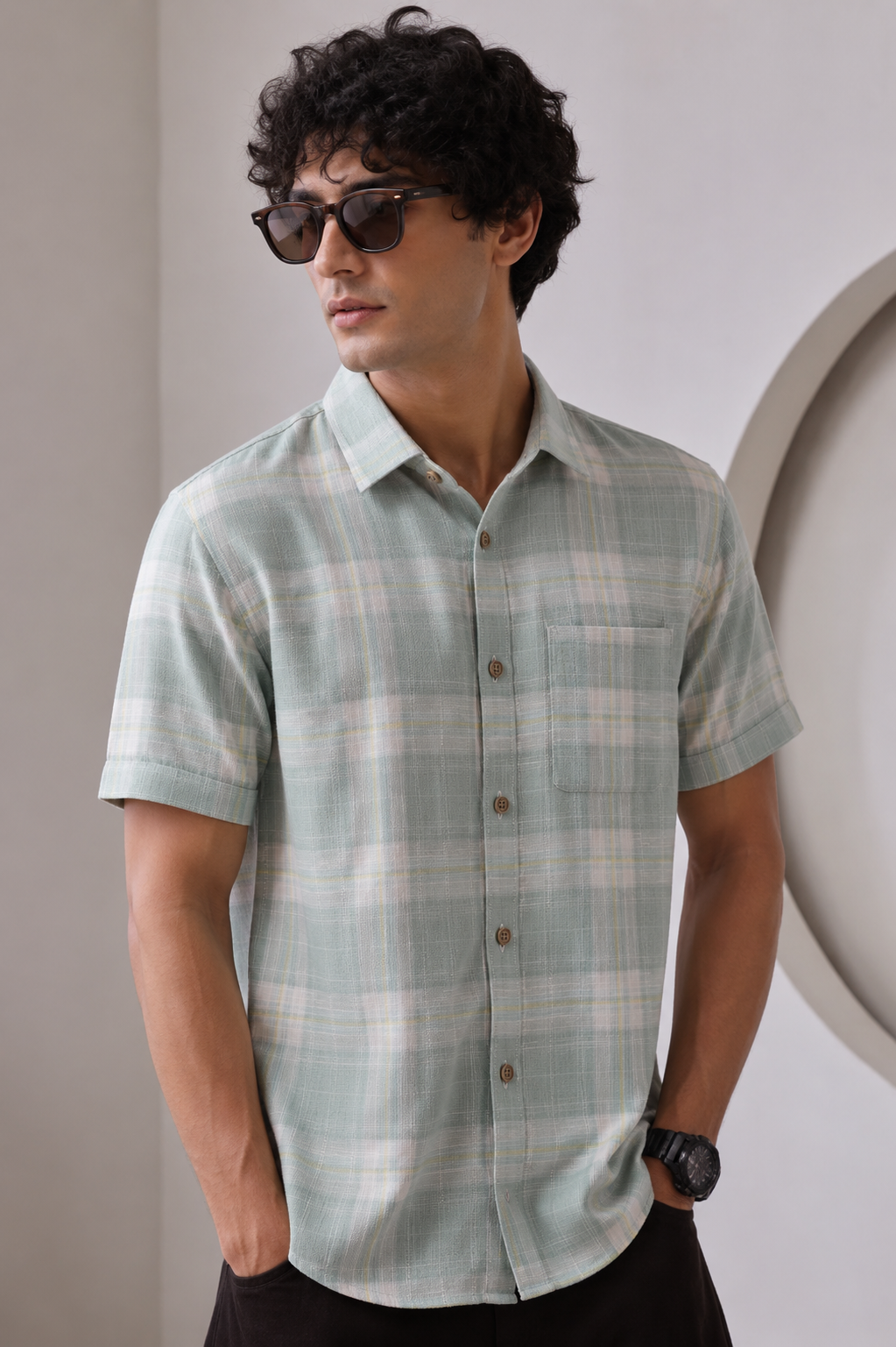 Sea Green and White Textured Checked Half Sleeve Casual Shirt - 27034