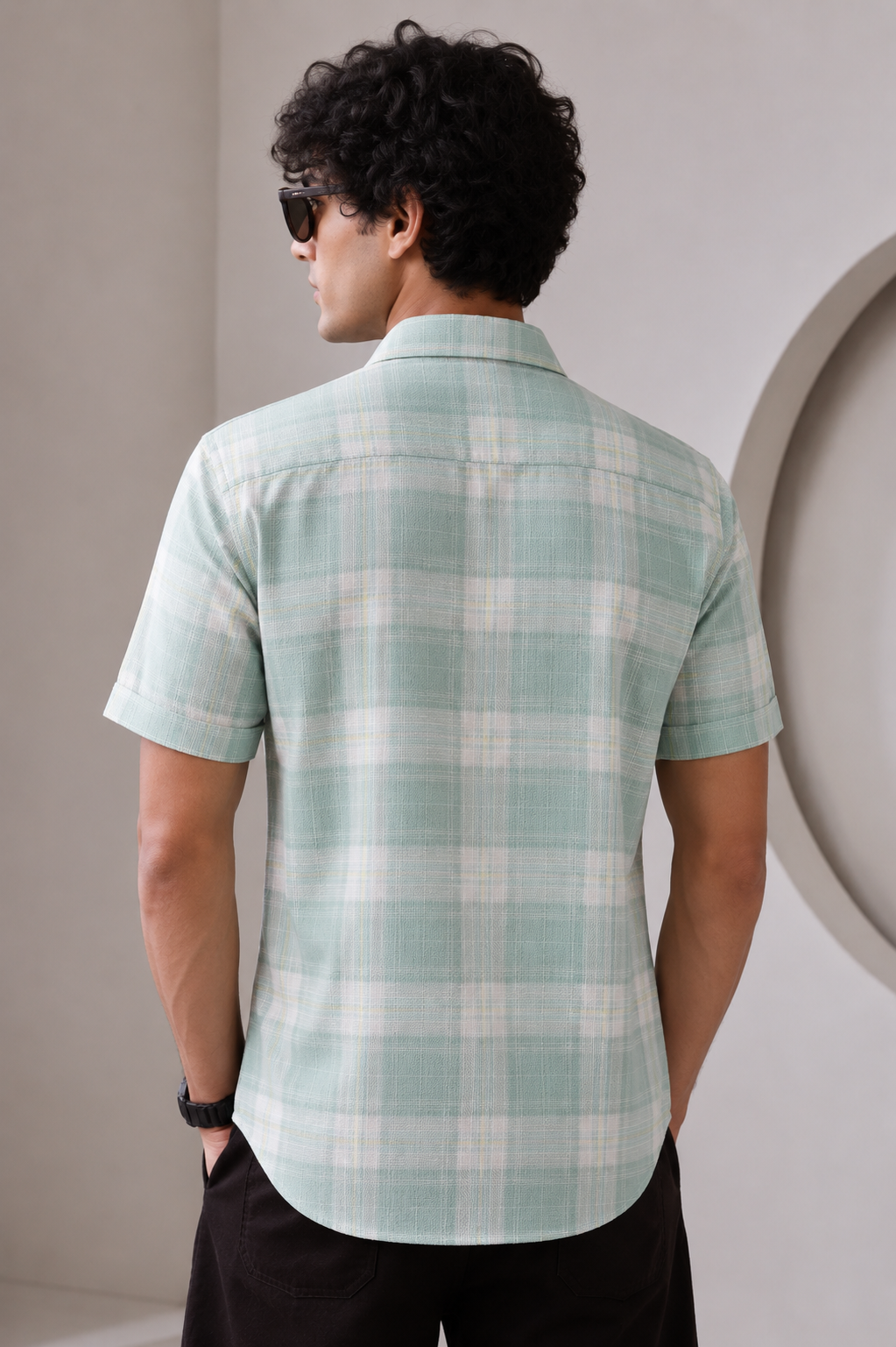 Sea Green and White Textured Checked Half Sleeve Casual Shirt - 27034