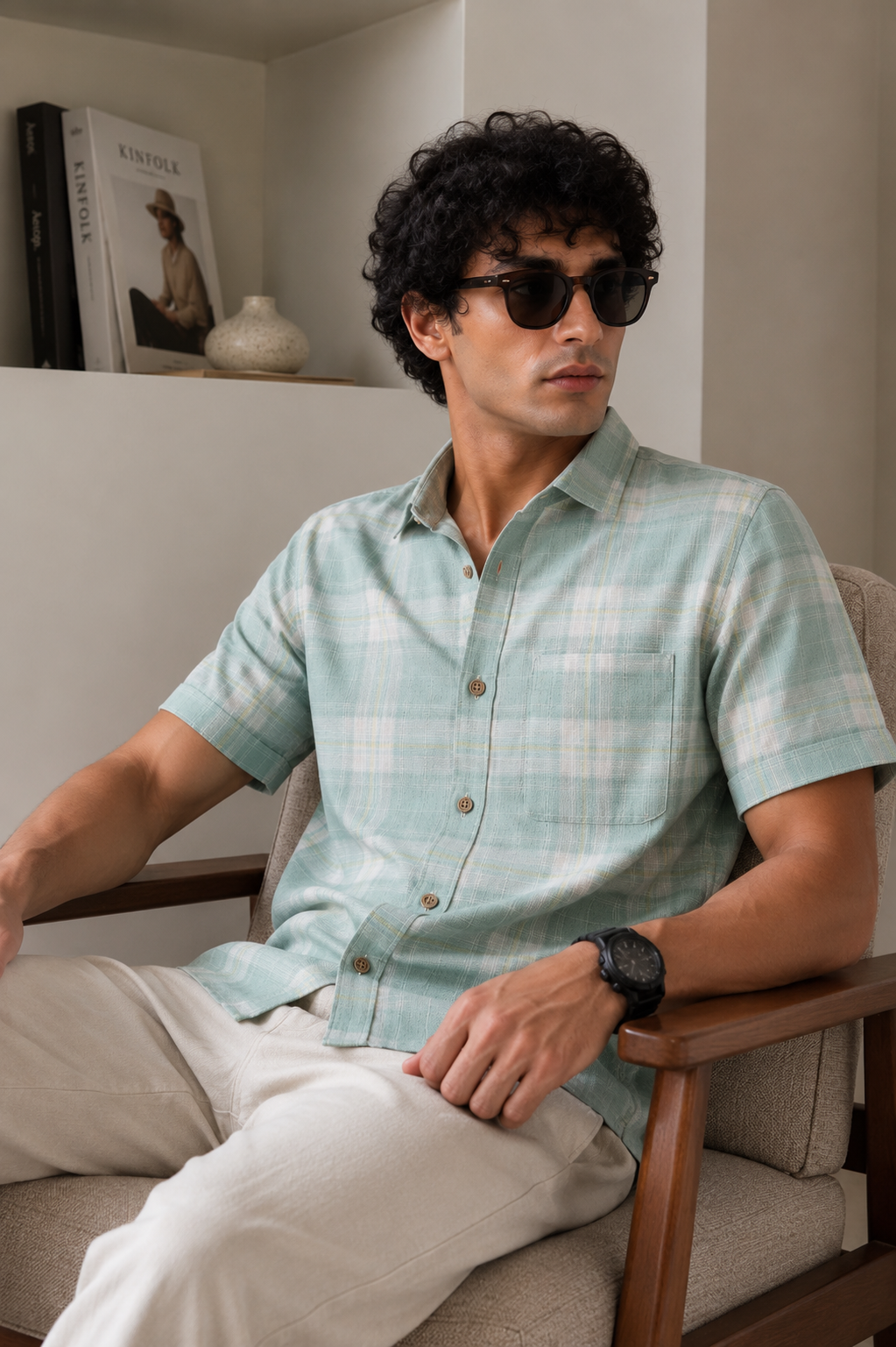 Sea Green and White Textured Checked Half Sleeve Casual Shirt - 27034