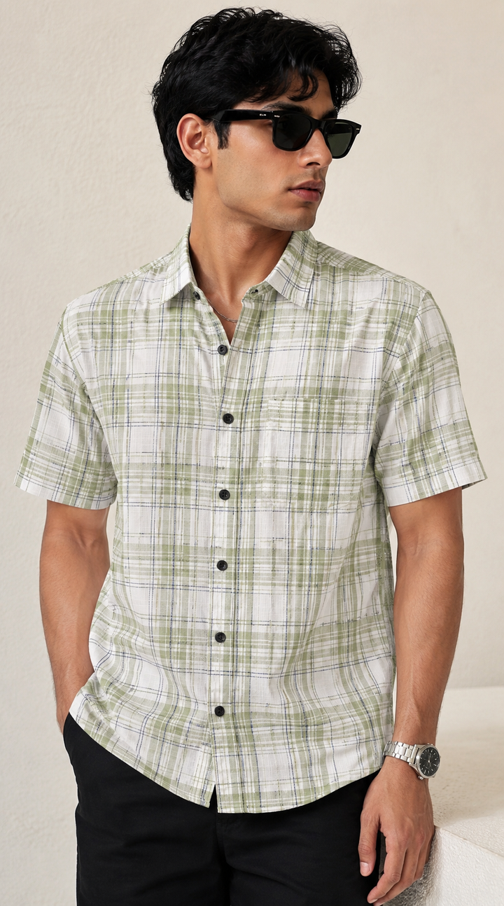 Off-White and Sage Green Grid Checked Half Sleeve Casual Shirt - 27025