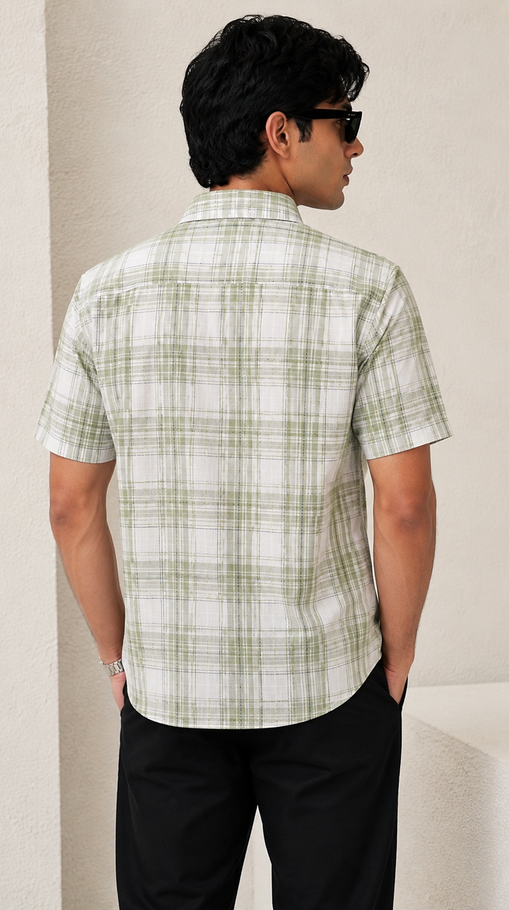 Off-White and Sage Green Grid Checked Half Sleeve Casual Shirt - 27025