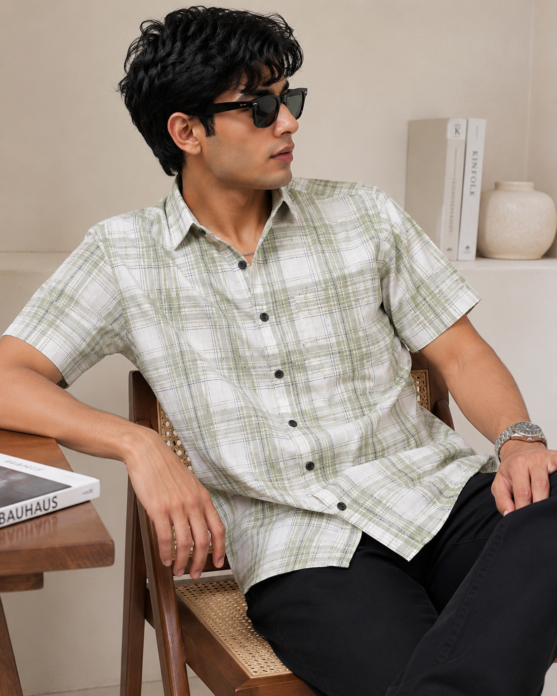 Off-White and Sage Green Grid Checked Half Sleeve Casual Shirt - 27025