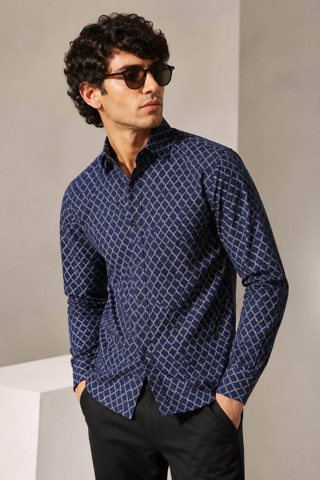 Navy Blue Geometric Ogee Print Cotton Casual Shirt - 26436