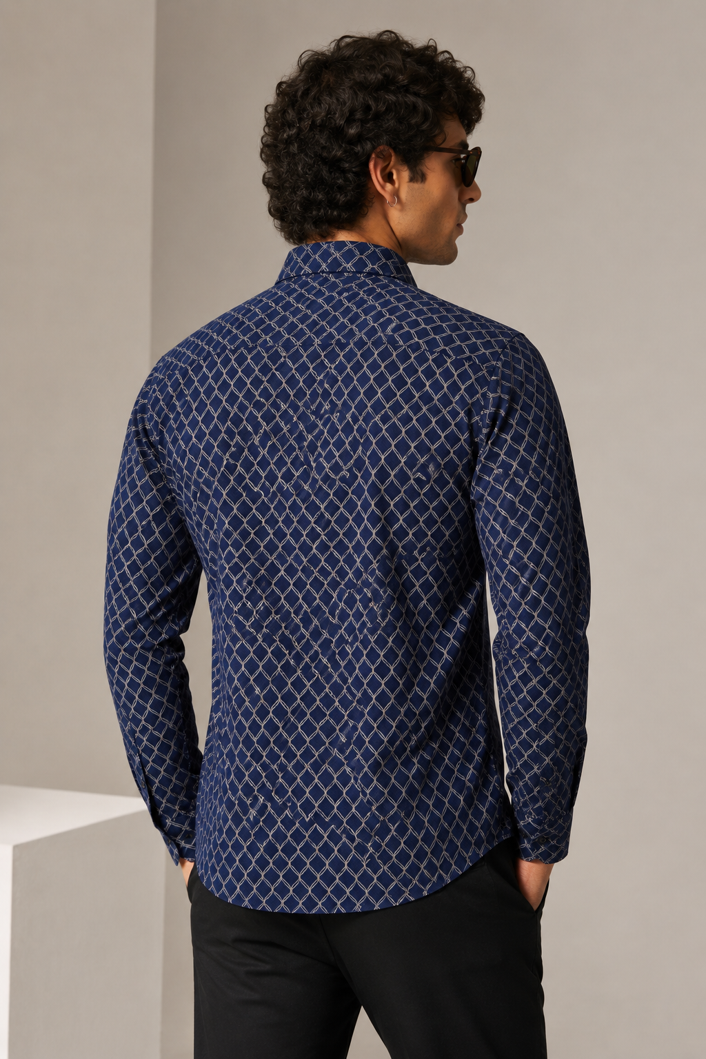 Navy Blue Geometric Ogee Print Cotton Casual Shirt - 26436
