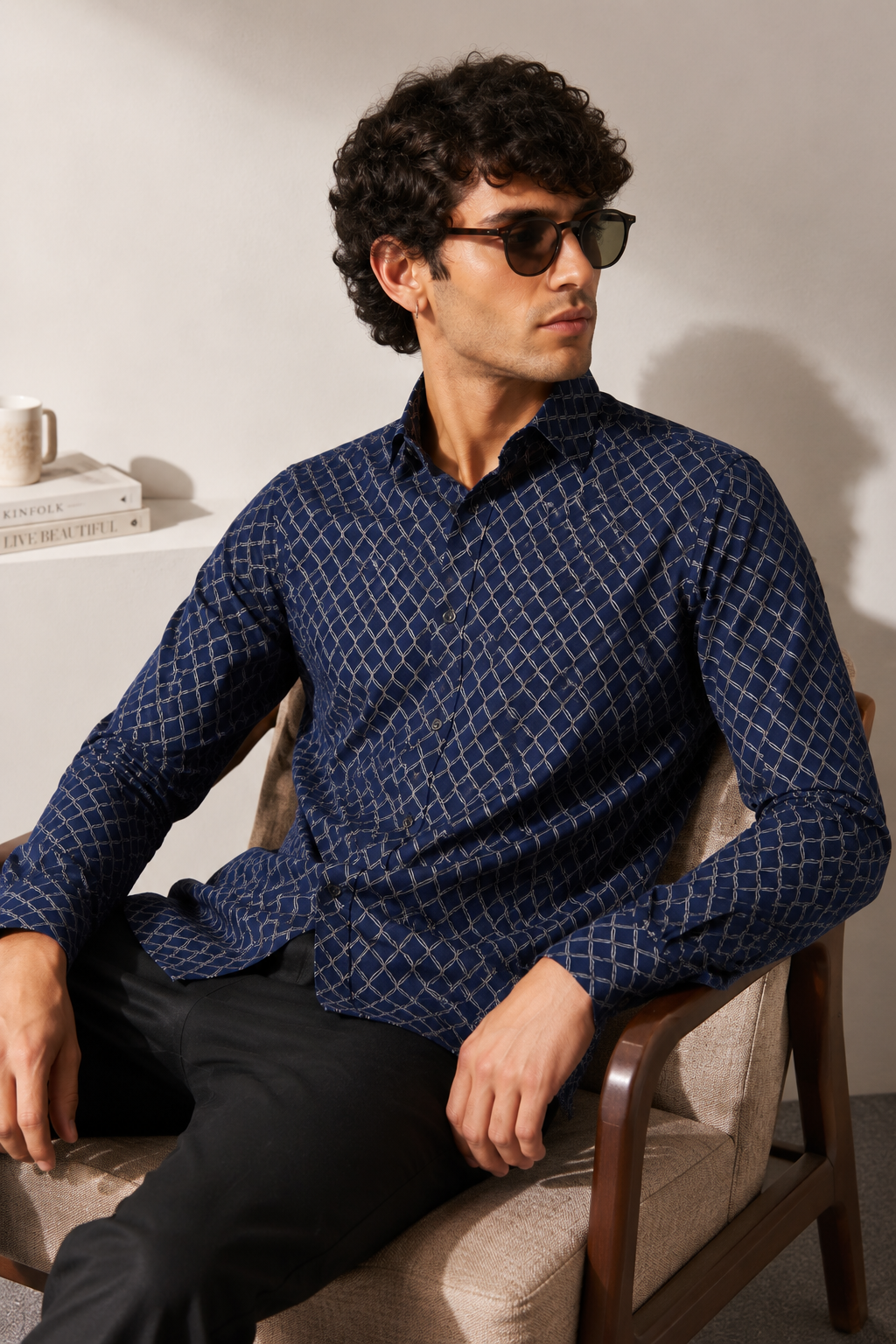 Navy Blue Geometric Ogee Print Cotton Casual Shirt - 26436