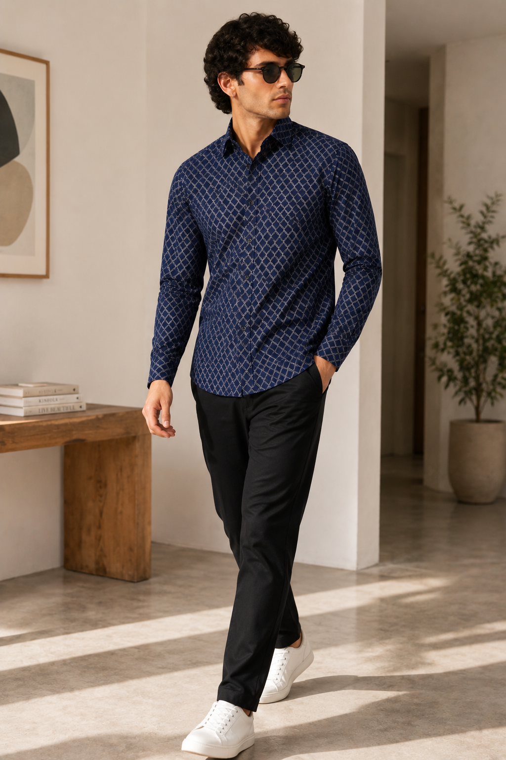 Navy Blue Geometric Ogee Print Cotton Casual Shirt - 26436