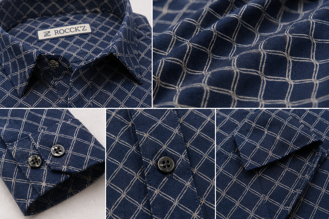 Navy Blue Geometric Ogee Print Cotton Casual Shirt - 26436