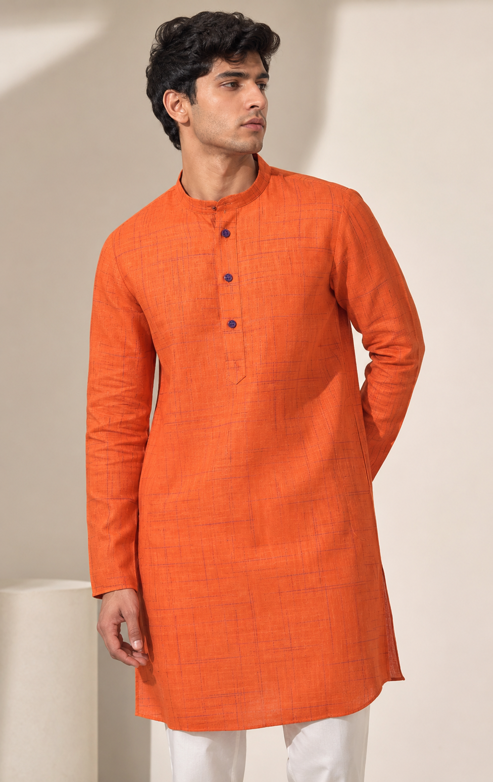 Orange Cotton Slub Kurta with Purple Slub Check Pattern - 23284