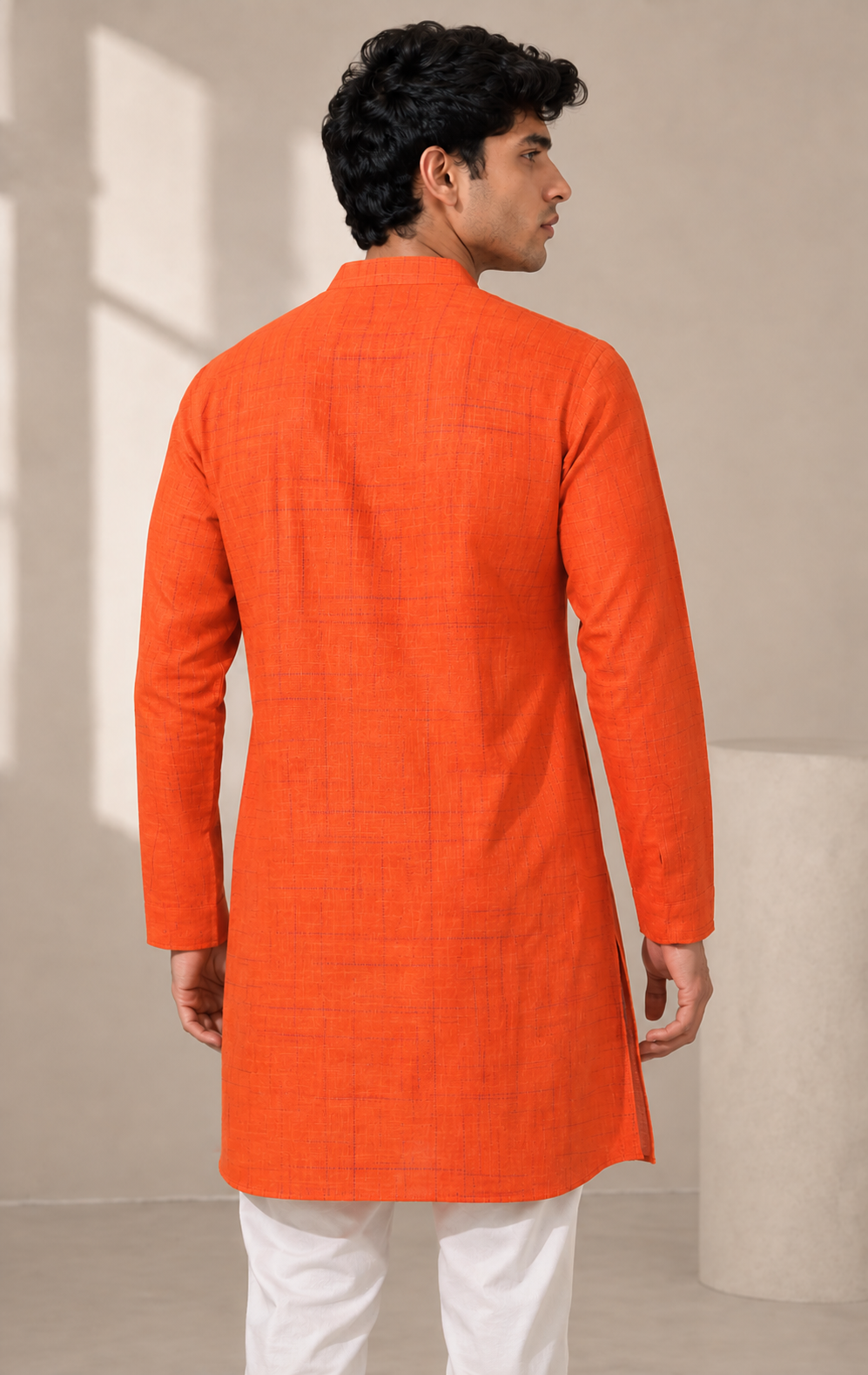 Orange Cotton Slub Kurta with Purple Slub Check Pattern - 23284