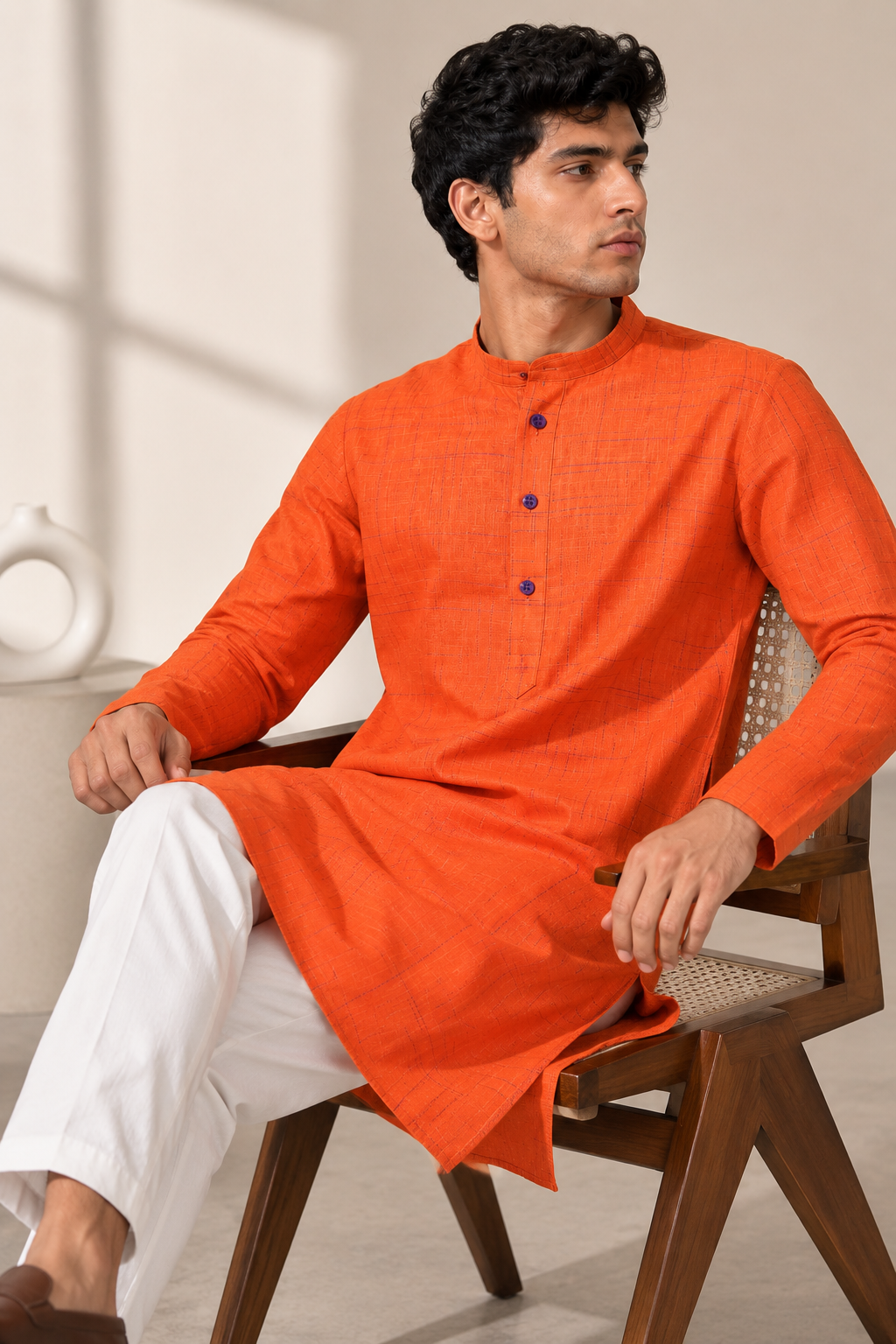 Orange Cotton Slub Kurta with Purple Slub Check Pattern - 23284