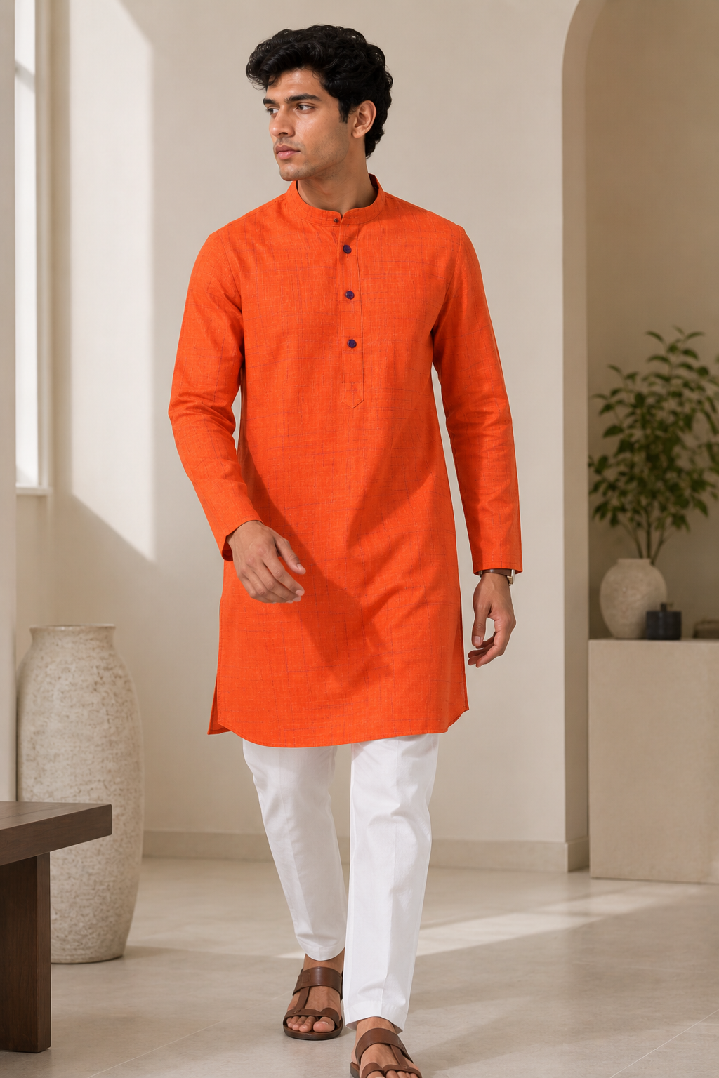 Orange Cotton Slub Kurta with Purple Slub Check Pattern - 23284