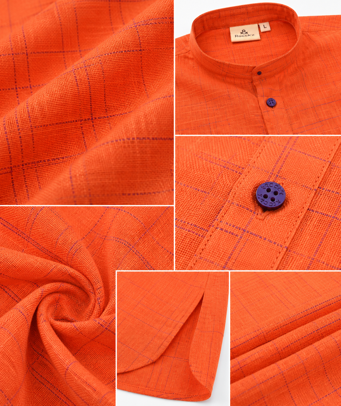 Orange Cotton Slub Kurta with Purple Slub Check Pattern - 23284