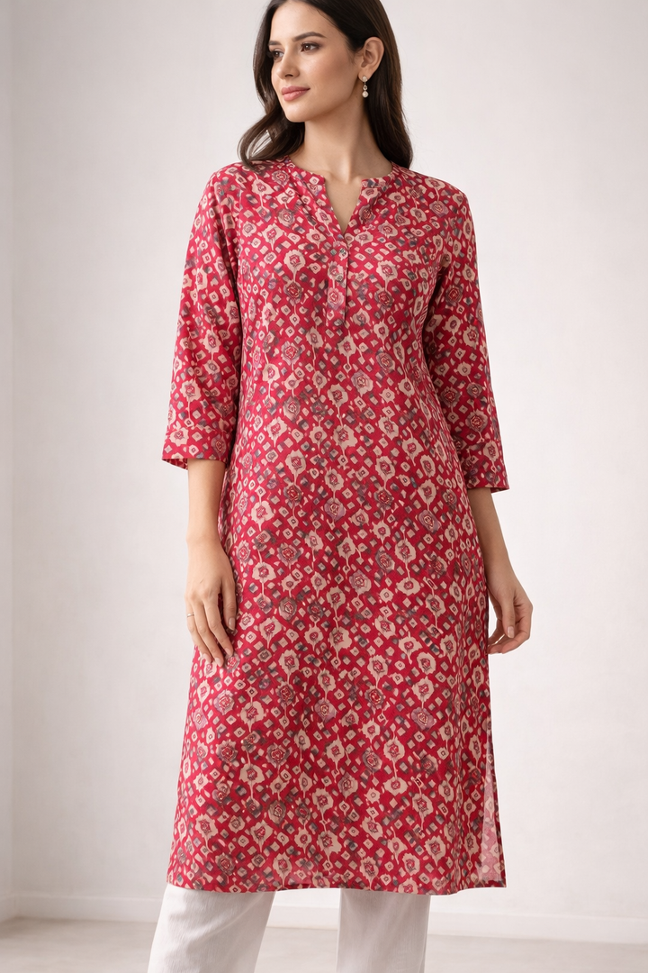 Women’s Maroon & Cream Geometric Print Straight Kurti - 24495