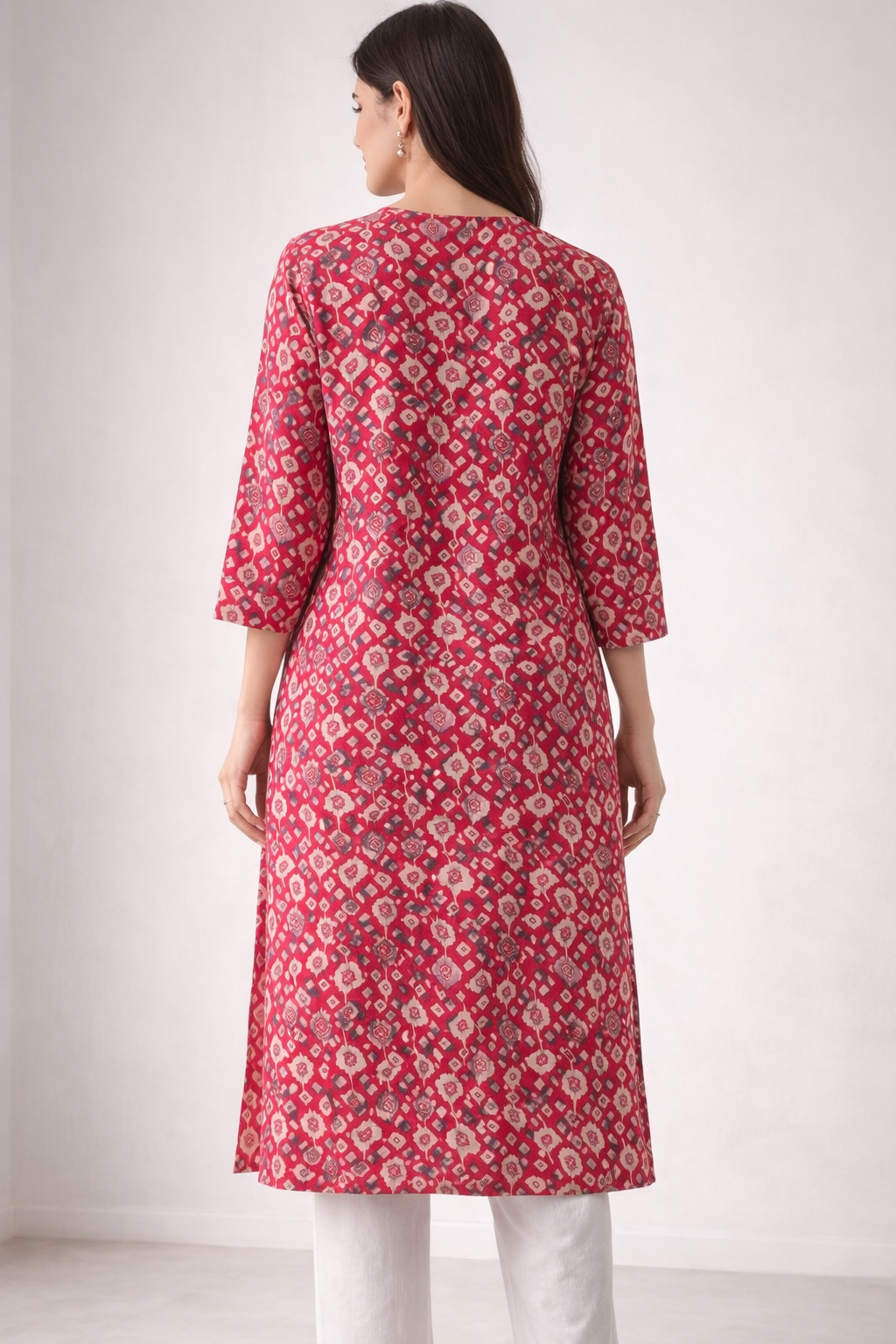 Women’s Maroon & Cream Geometric Print Straight Kurti - 24495