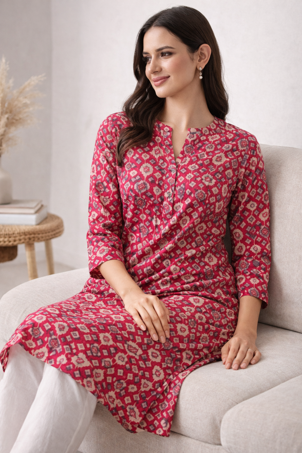 Women’s Maroon & Cream Geometric Print Straight Kurti - 24495