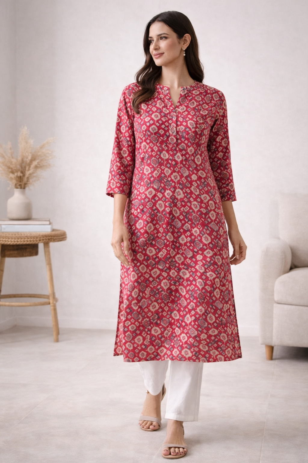 Women’s Maroon & Cream Geometric Print Straight Kurti - 24495
