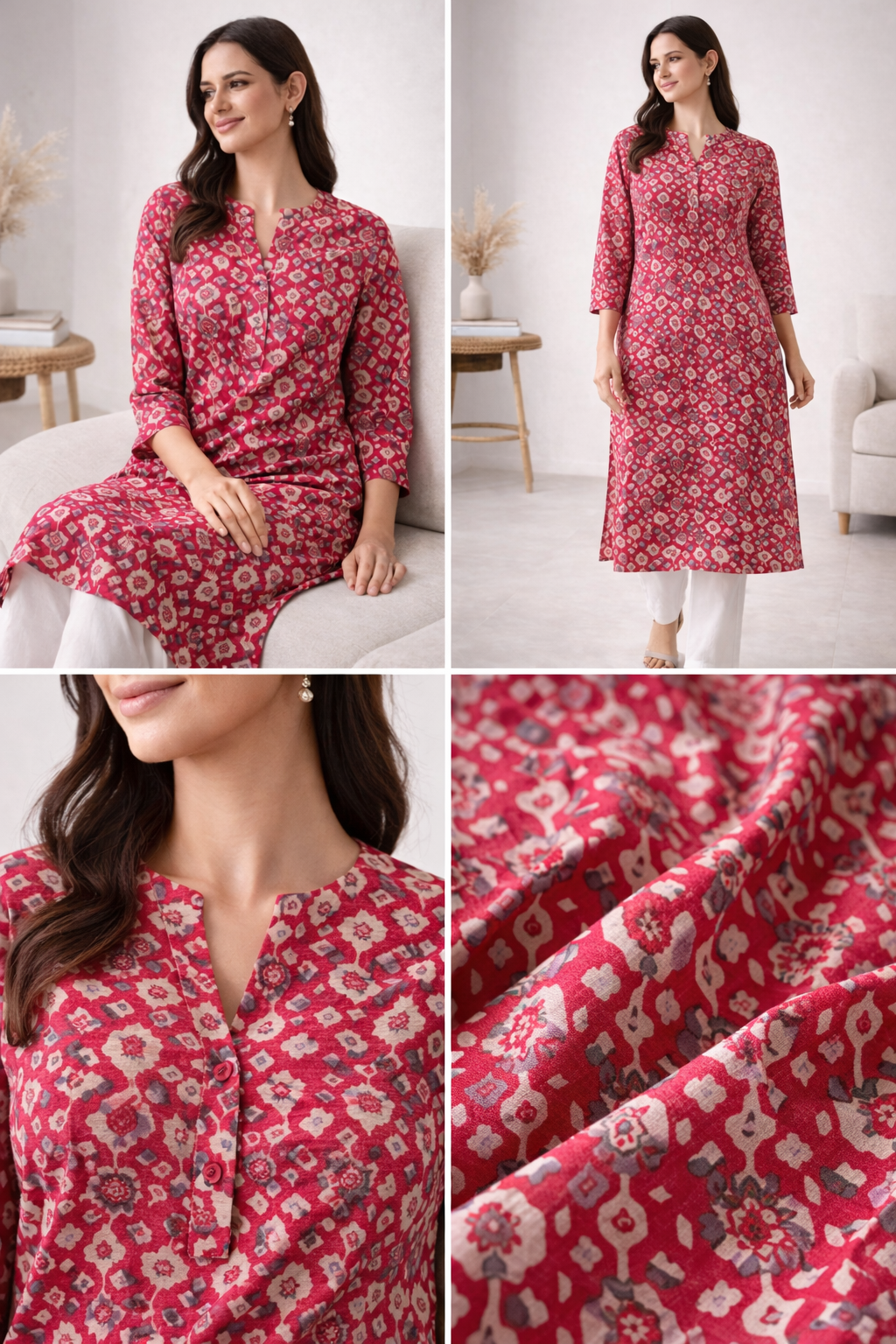 Women’s Maroon & Cream Geometric Print Straight Kurti - 24495