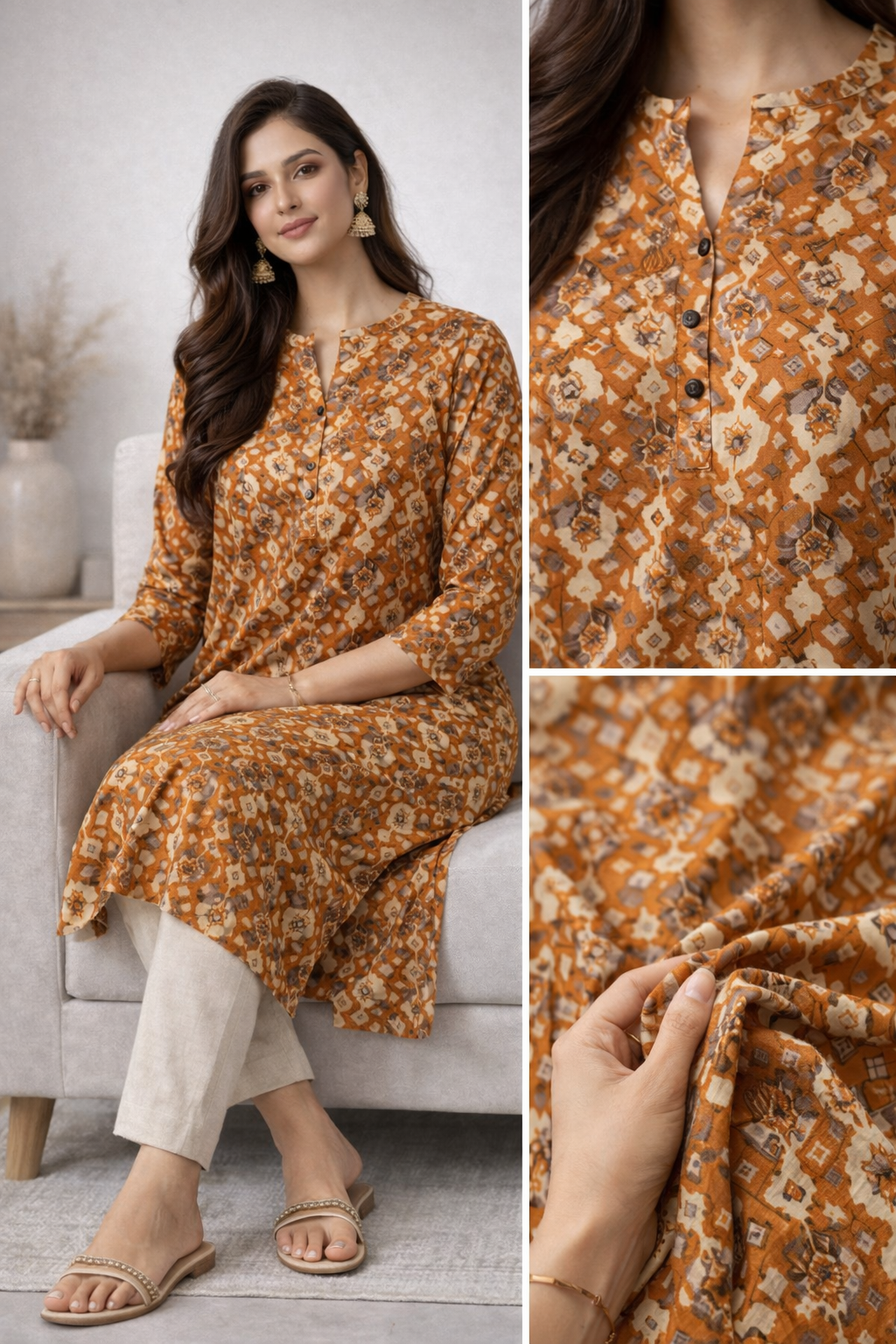 Women’s Mustard & Ochre Geometric Printed Straight Kurta - 24496