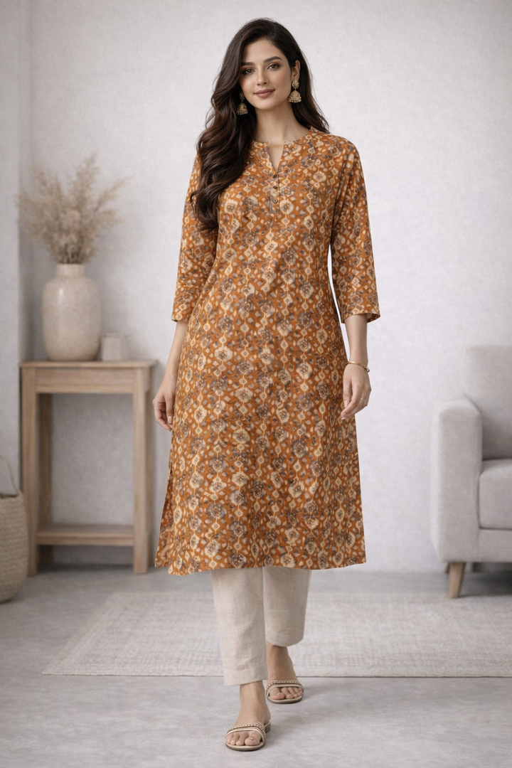 Women’s Mustard & Ochre Geometric Printed Straight Kurta - 24496
