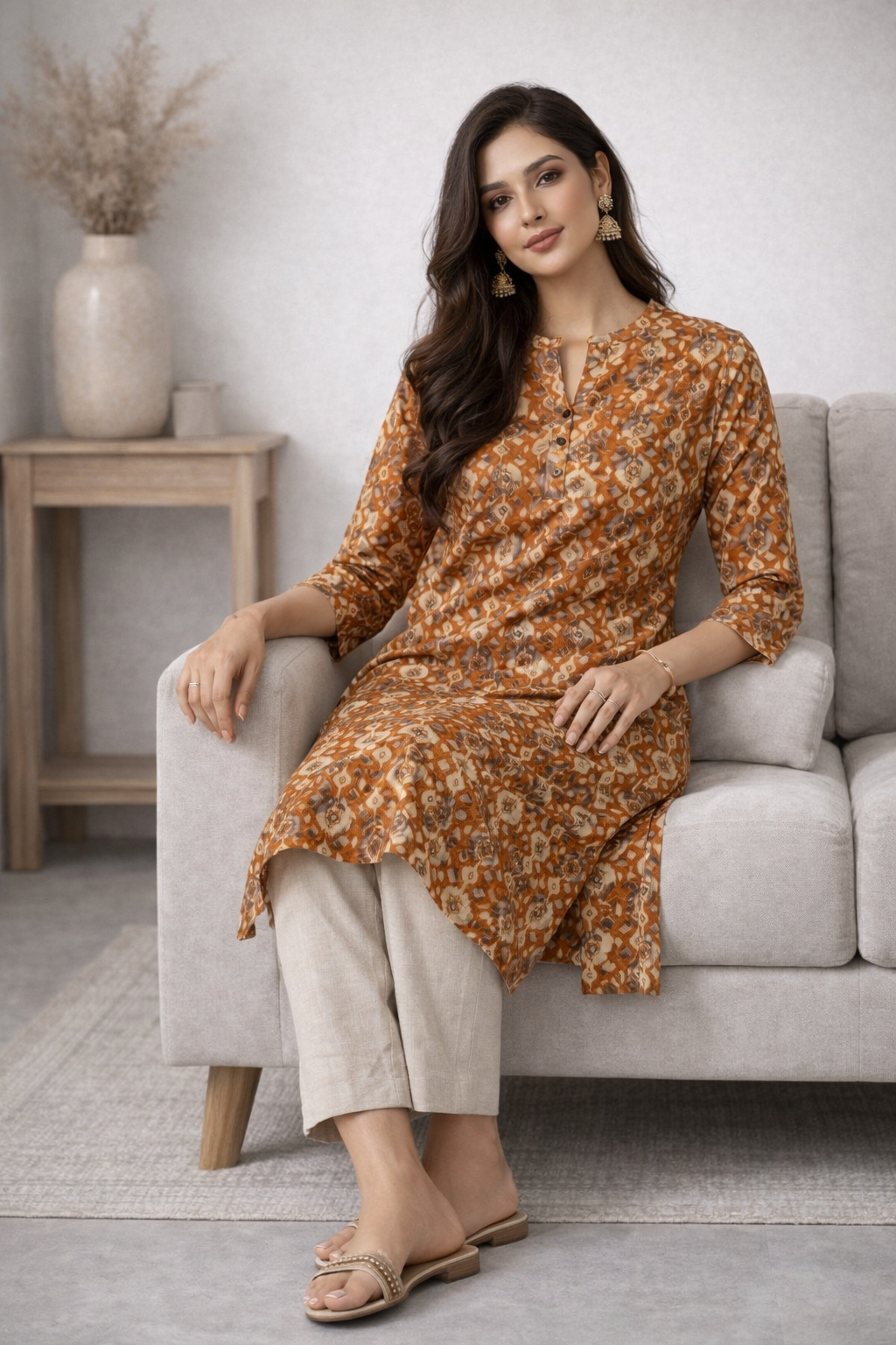 Women’s Mustard & Ochre Geometric Printed Straight Kurta - 24496