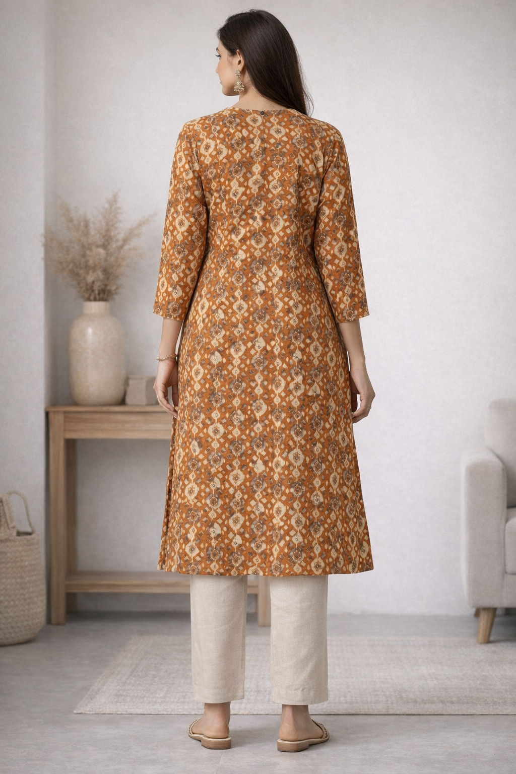 Women’s Mustard & Ochre Geometric Printed Straight Kurta - 24496