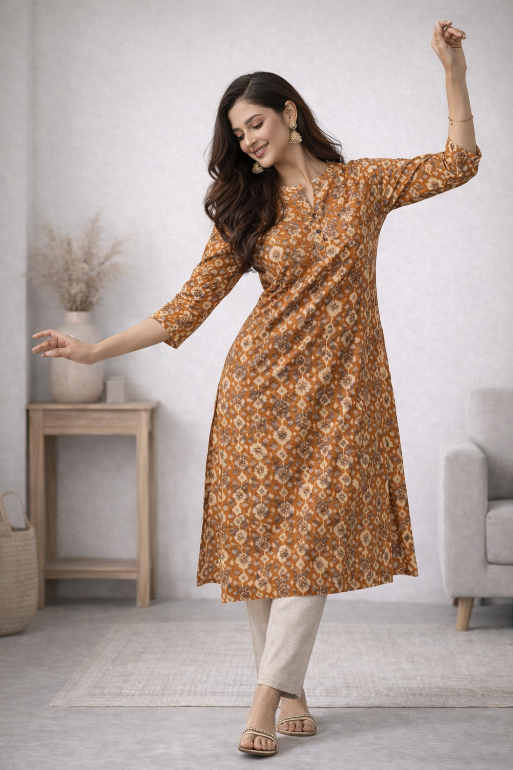 Women’s Mustard & Ochre Geometric Printed Straight Kurta - 24496