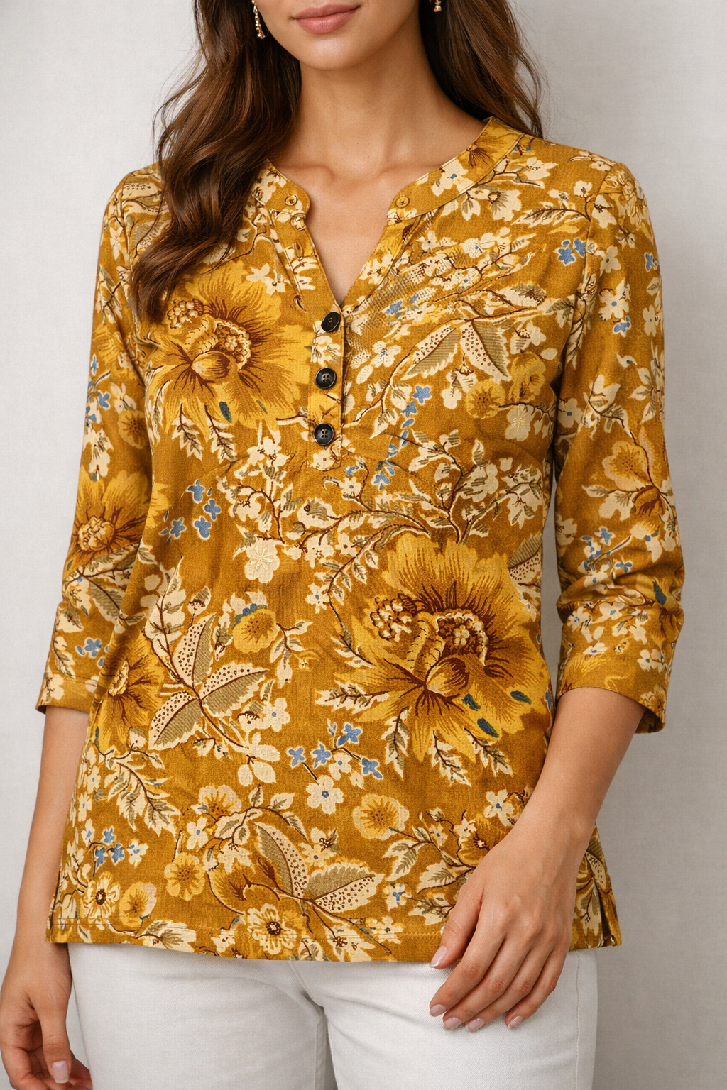 Mustard Floral Printed Hip-Length Kurti – 26193