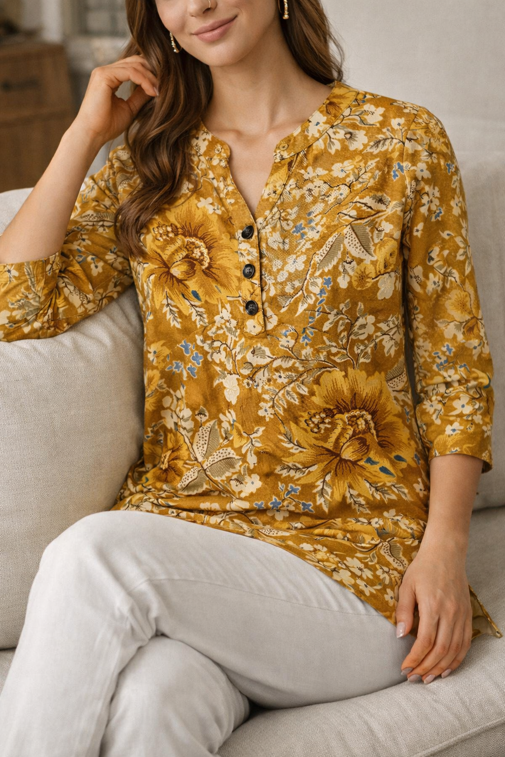 Mustard Floral Printed Hip-Length Kurti – 26193