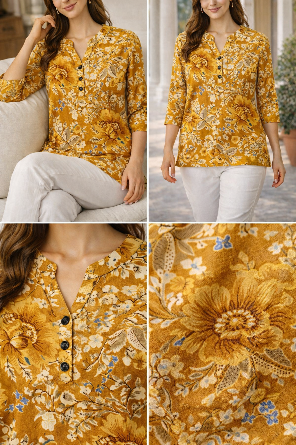 Mustard Floral Printed Hip-Length Kurti – 26193