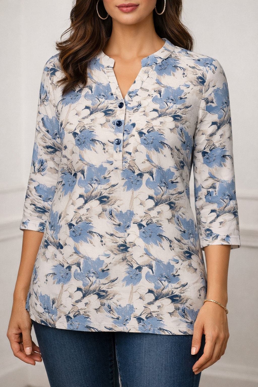Off-White & Powder Blue Floral Printed Straight Kurti for Women - 26188