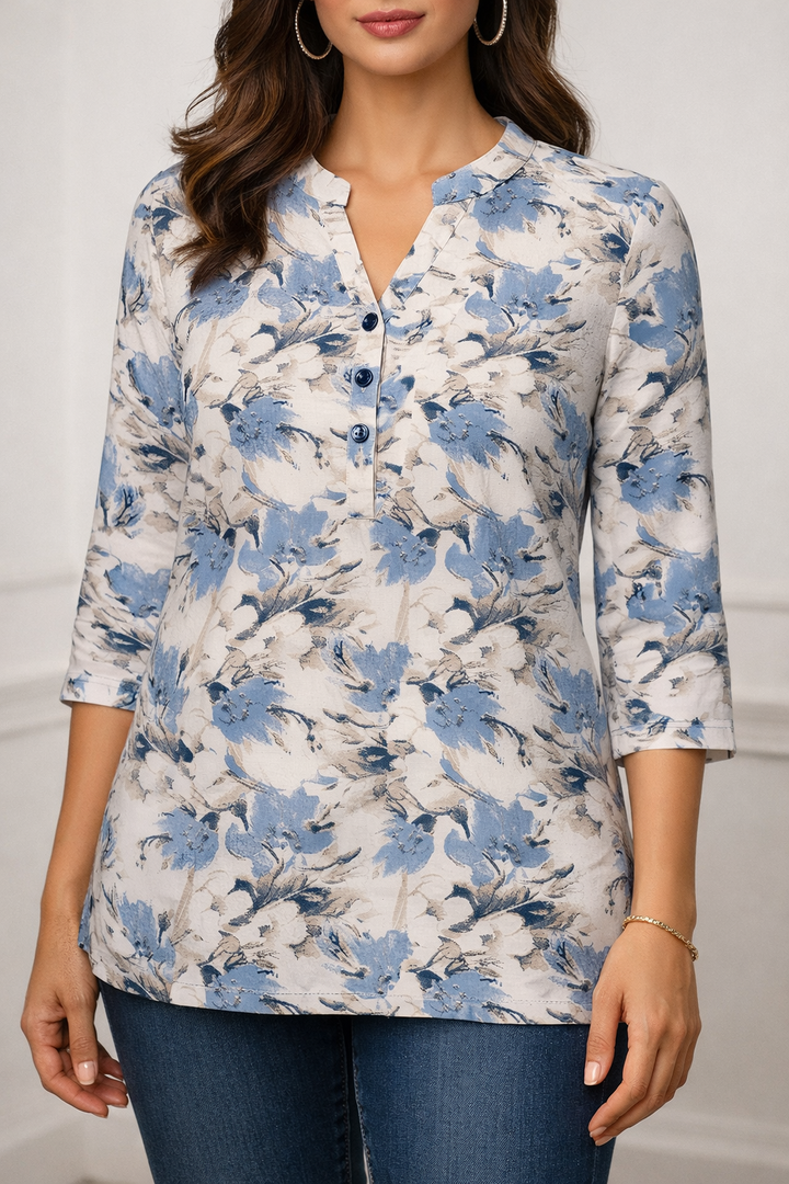 Off-White & Powder Blue Floral Printed Straight Kurti for Women - 26188