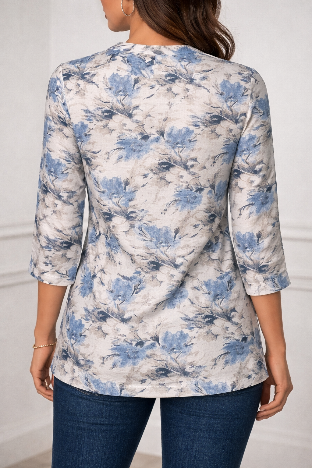 Off-White & Powder Blue Floral Printed Straight Kurti for Women - 26188