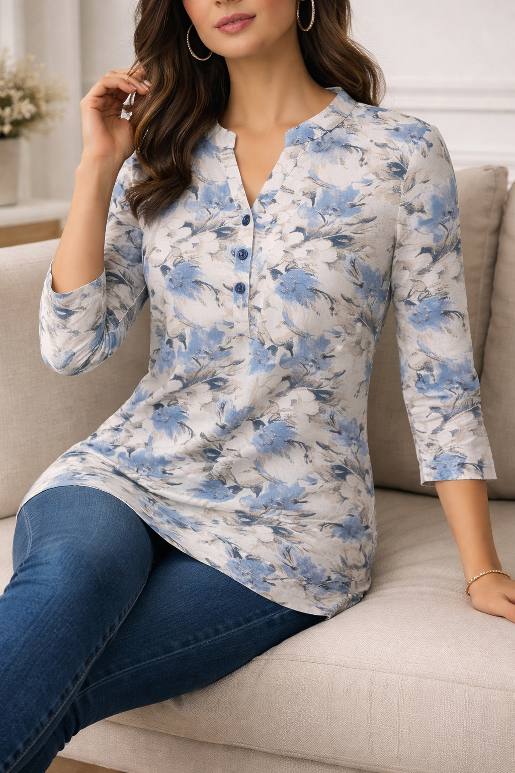 Off-White & Powder Blue Floral Printed Straight Kurti for Women - 26188