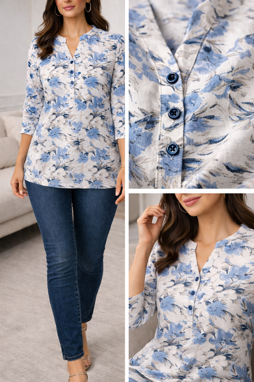 Off-White & Powder Blue Floral Printed Straight Kurti for Women - 26188