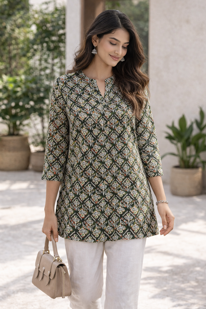 Olive Green Printed Women’s Kurti - 26056