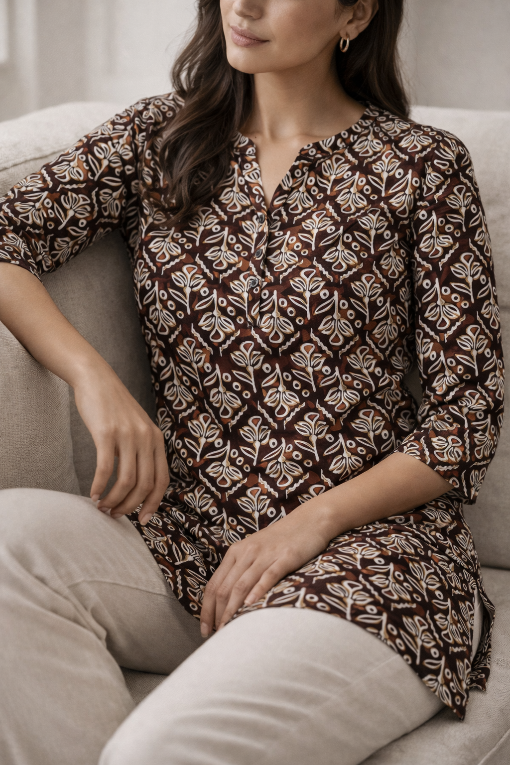 Brown Ethnic Print Women’s Kurti - 26054